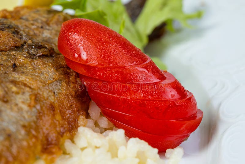 Whole roasted pike perch with side dish stock photography