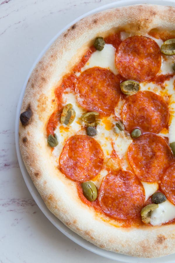Whole Round Neapolitan Pepperoni Pizza Served on a Table Stock Photo Image of pepperoni