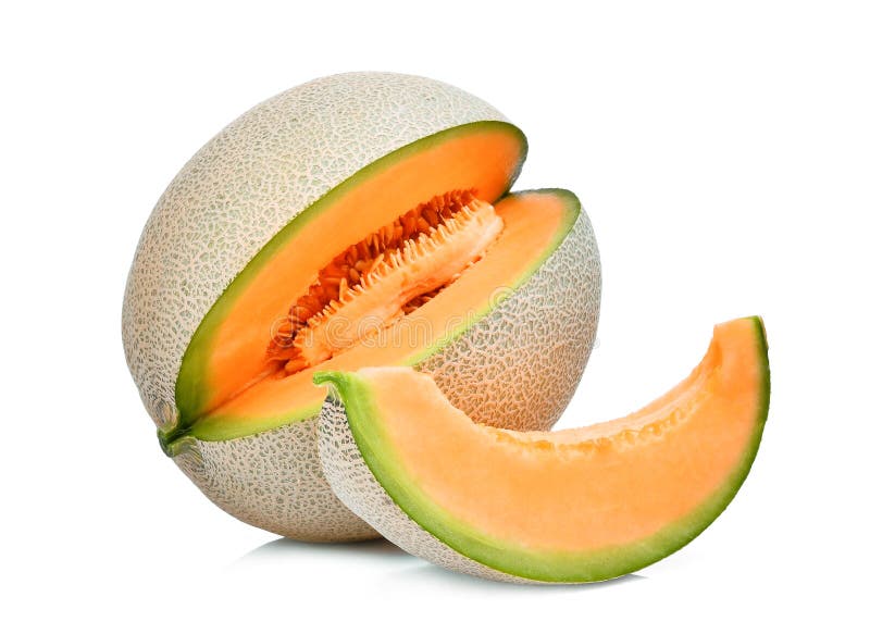 Whole and slice of japanese melons, orange melon or cantaloupe melon with seeds isolated on white