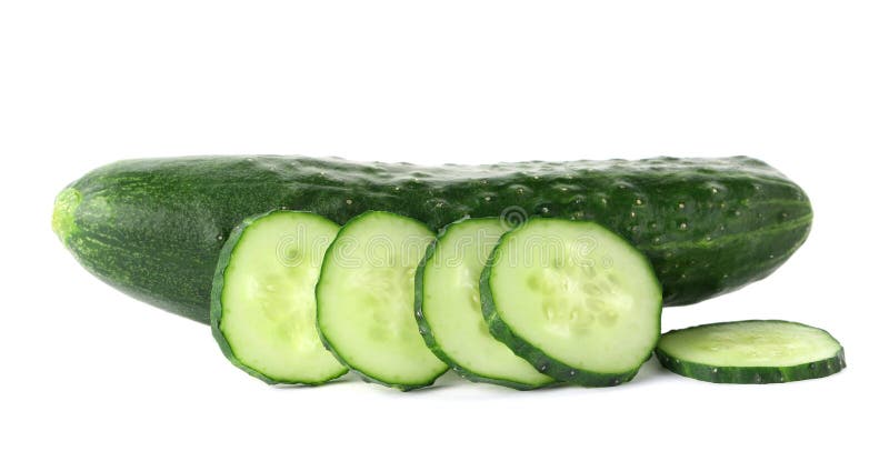 Whole and sliced fresh cucumbers