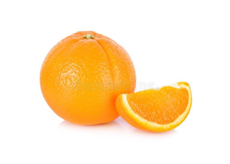 Whole and sliced fresh Navel/Valencia orange on white background