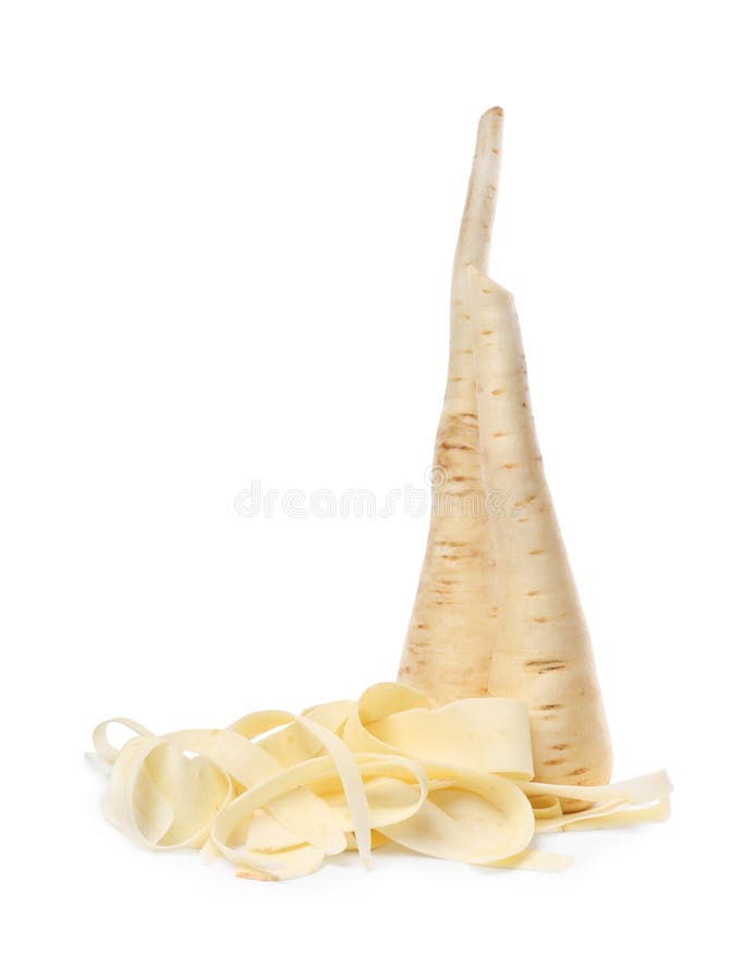 Whole and sliced fresh ripe parsnip on white background royalty free stock image