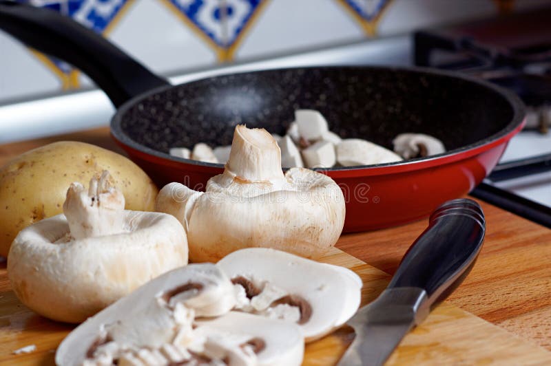 Whole and Sliced White Mushrooms on Wooden Board Stock Image Image of