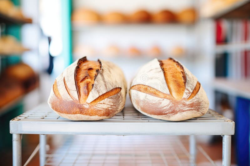 Whole Sourdough Loaves Cooling on a Wire Rack in a Bakery Stock Image