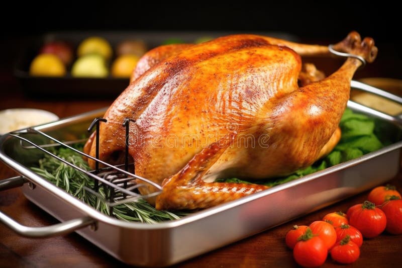 Whole Turkey on Roasting Pan with a Cooking Thermometer Inserted Stock