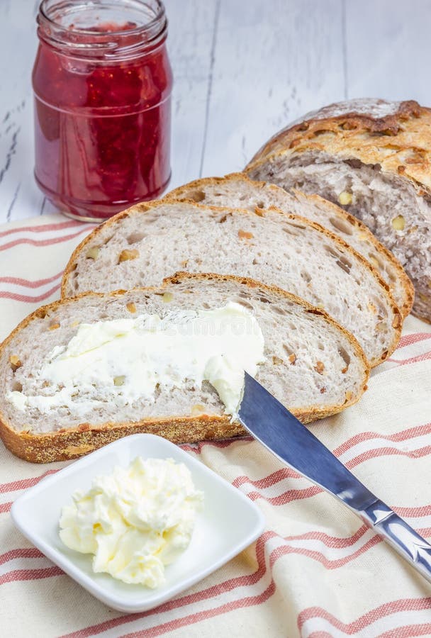 Whole Wheat Nut Bread with Cream Cheese and Strawberry Jam Stock Image