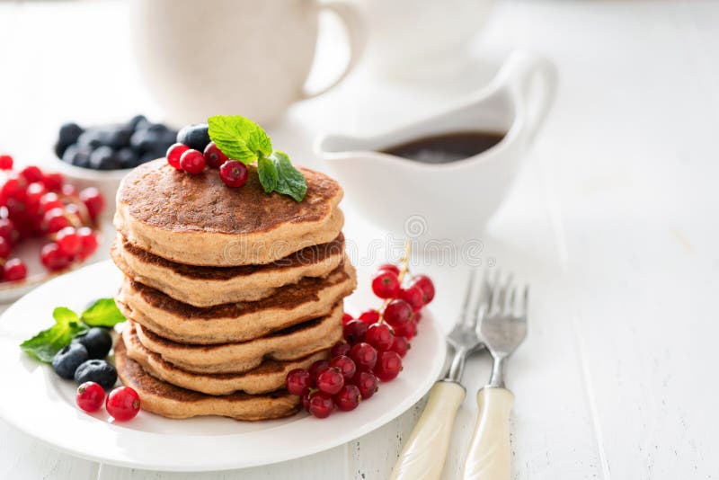 Whole Wheat Pancakes with Berries Stock Image Image of grain, fork