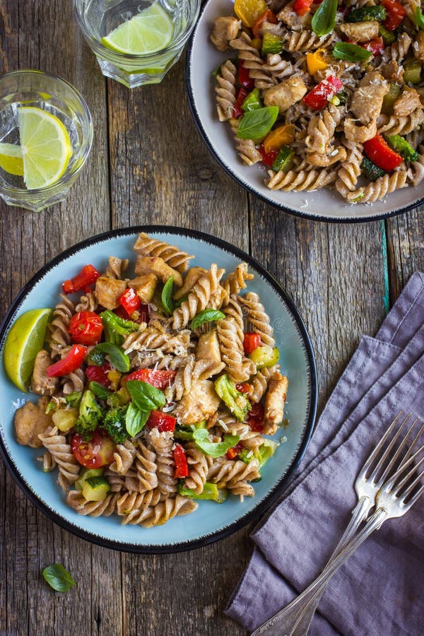 Whole Wheat Pasta with Chicken and Vegetables Stock Photo Image of