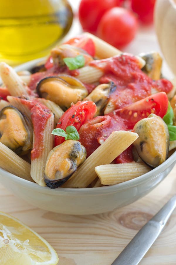Wholegrain Pasta with Mussels and Tomato Sauce Stock Image Image of