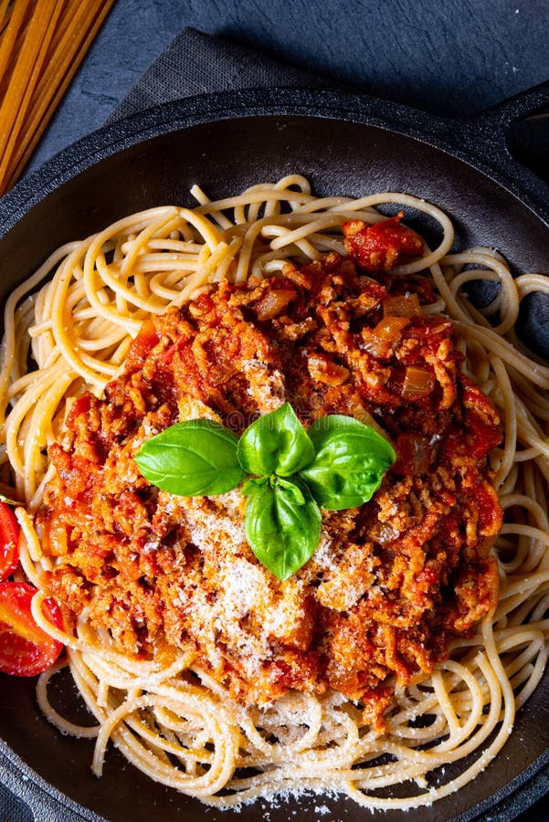 A Wholegrain Spaghetti with Tomato Sauce and Minced Meat Stock Image