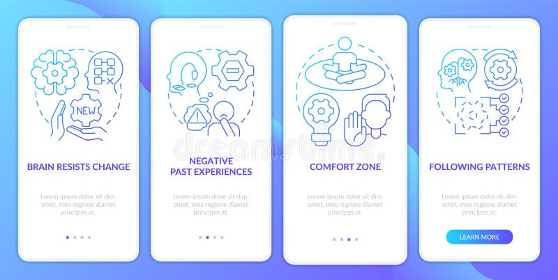 Why we resist change blue gradient onboarding mobile app screen vector illustration