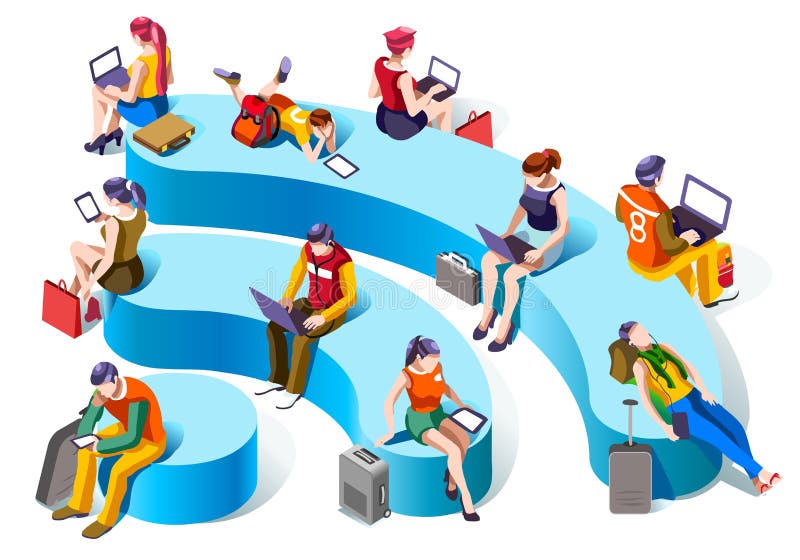 Wi-fi Connecting Isometric People Vector Social Graphics royalty free illustration Wi-fi Connecting Isometric People Vector Social Graphics royalty free illustration