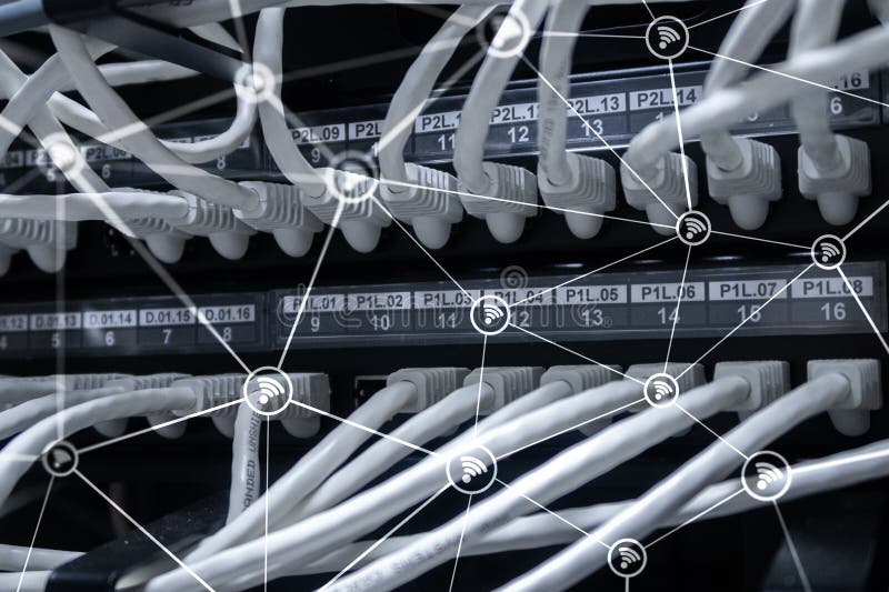 Wi fi network abstract structure on modern server room background. stock photos
