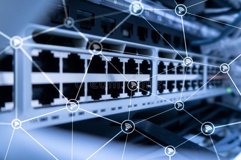 Wi fi network abstract structure on modern server room background stock image