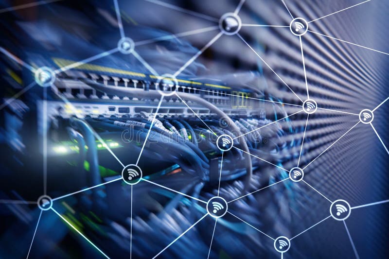 Wi fi network abstract structure on modern server room background. stock photography