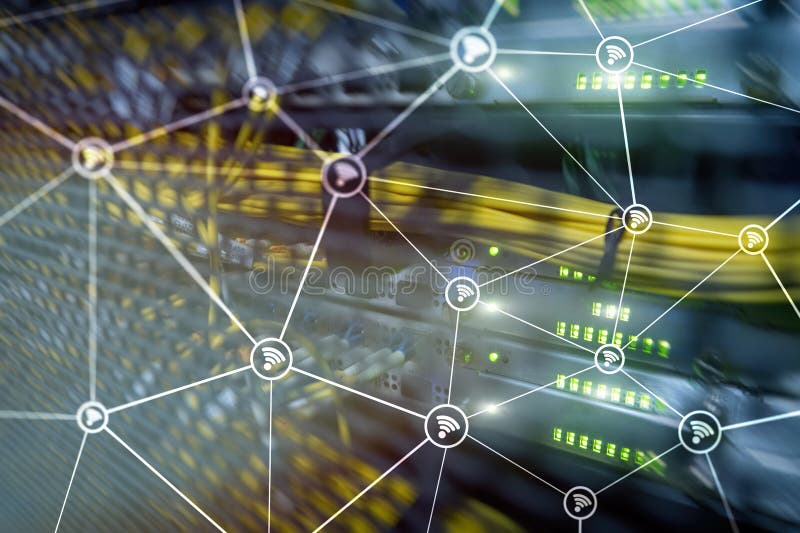 Wi fi network abstract structure on modern server room background stock photos