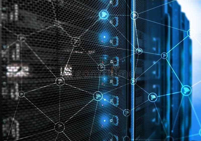 Wi fi network abstract structure on modern server room background. stock images