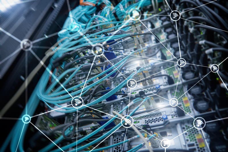 Wi fi network abstract structure on modern server room background royalty free stock images