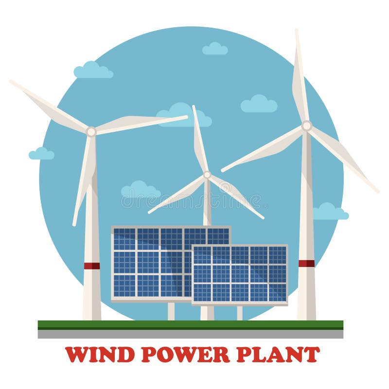 Wind and solar power plants with wind turbines and squares facing sun to maximize energy and electricity gain. Concept of clean and renewable, sustainable energy, caring for ecology. Wind and solar power plants with wind turbines and squares facing sun to maximize energy and electricity gain. Concept of clean and renewable, sustainable energy, caring for ecology