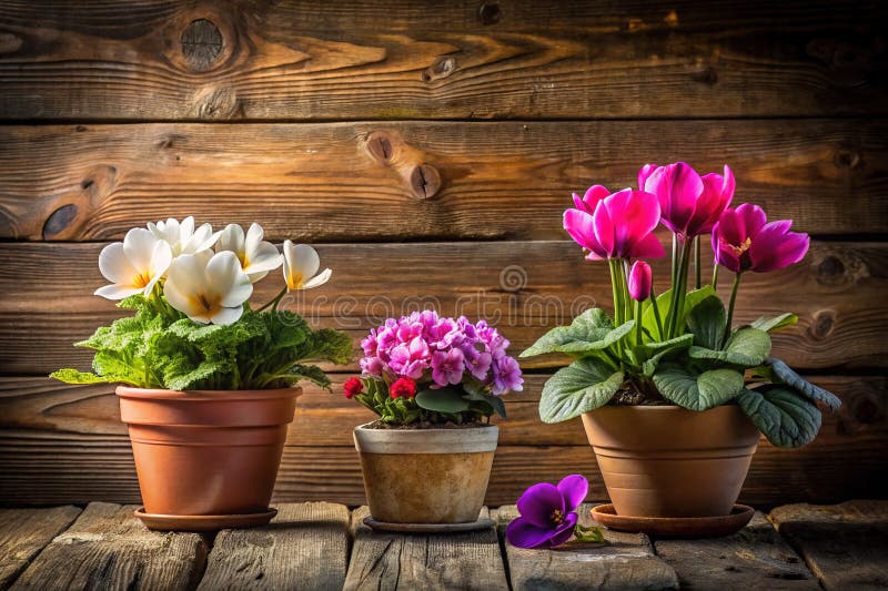 Wibracyjne kwiaty wiosenne Primroses i Cyclamen na rustycznym drewnianym tle Idealne do projektów wiosennych royalty ilustracja