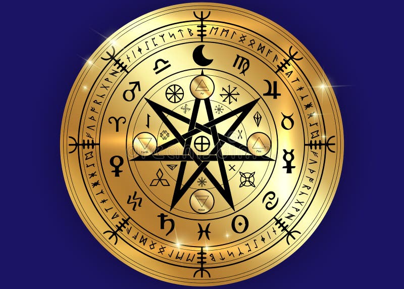 Wiccan symbol ochrona Złociści mandala czarownic runes, mistyczki Wicca wróżba Antyczni occult symbole, Ziemski zodiaka koło ilustracja wektor Wiccan symbol ochrona Złociści mandala czarownic runes, mistyczki Wicca wróżba Antyczni occult symbole, Ziemski zodiaka koło ilustracja wektor