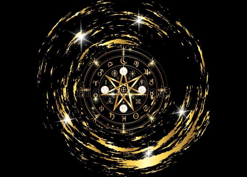 Wiccan symbol ochrona Złociści mandala czarownic runes, mistyczki Wicca wróżba Antyczni occult symbole, Ziemski zodiaka koło royalty ilustracja Wiccan symbol ochrona Złociści mandala czarownic runes, mistyczki Wicca wróżba Antyczni occult symbole, Ziemski zodiaka koło royalty ilustracja
