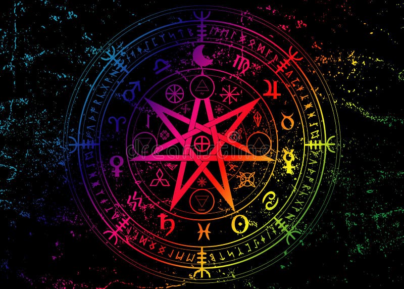 Wiccan символ защиты. Гадания wicca красочных руны ведьм mandala мистический. Винтажный старый оккультный зодиак земли символов иллюстрация вектора
