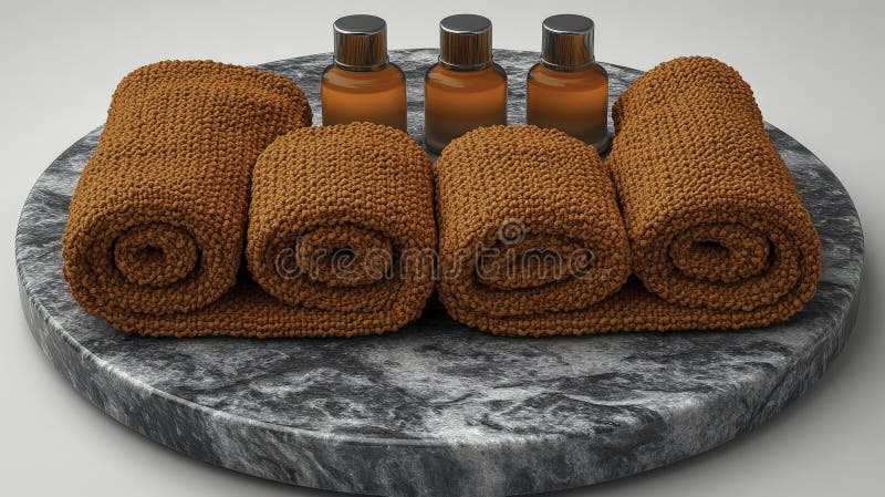 Wichtige Spa : orangefarbene Handtücher und gelbe Flaschen auf grauem Stein. stock abbildung