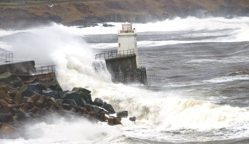 Wick Lighthouse on a stormy day, Wick Harbour,Caithness,Scotland,UK