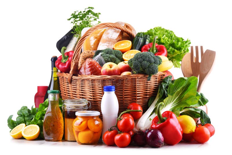 Assorted Grocery Products Including Vegetables Fruits Wine Bread Stock ...