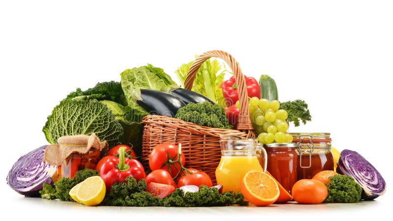 Wicker basket with assorted organic vegetables and fruits