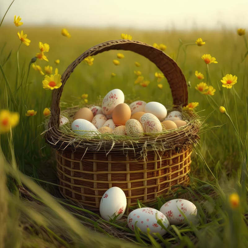 Wicker Basket with Easter Eggs on the Field .rustic Style Stock