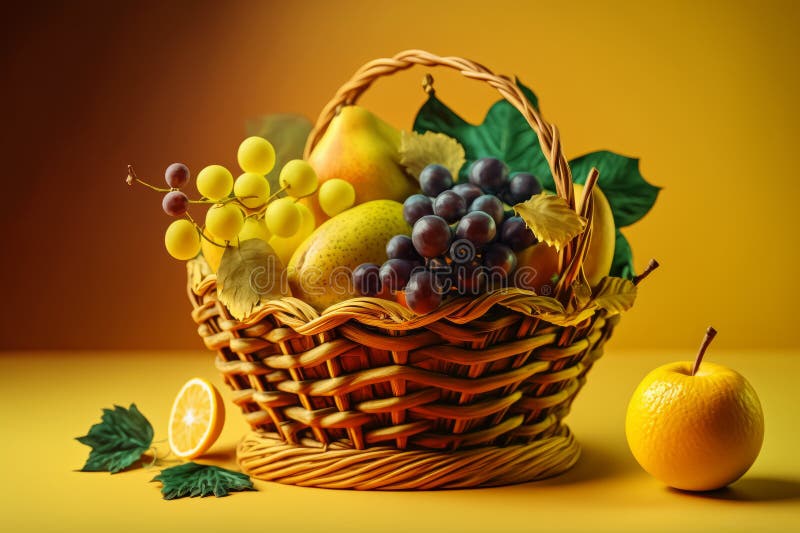 Wicker Basket Filled with Fruit Next To Orange and Grape. Generative AI