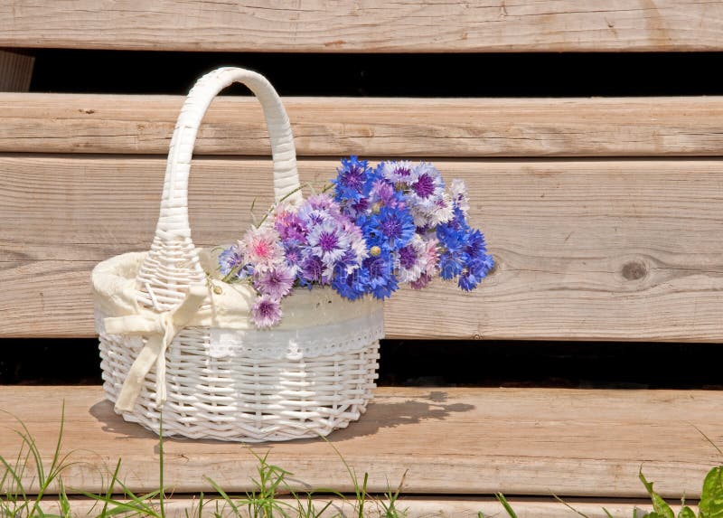 Wicker Basket with Flowers on Rustic Steps Stock Photo Image of step