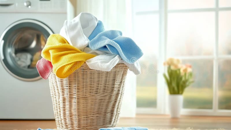 Wicker Basket Full of Clean Laundry, Washing Machine, and Window in a Bright Laundry Room vector illustration