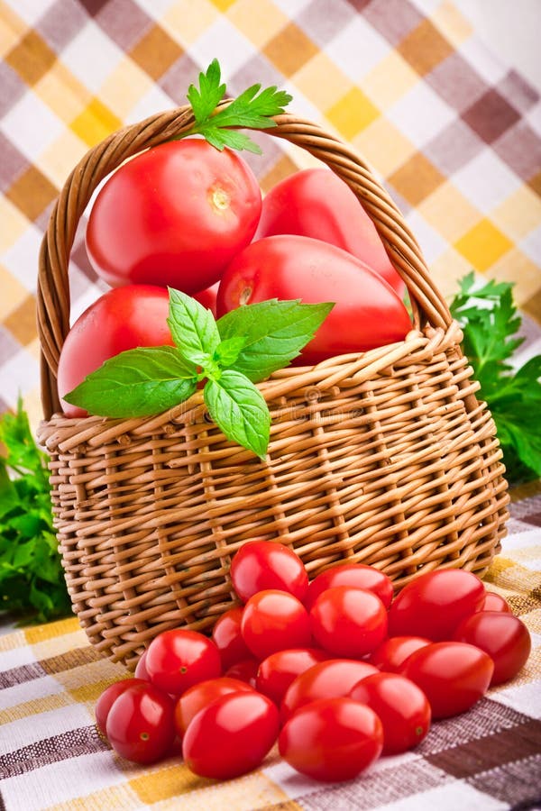 Wicker basket full of fresh cherry tomatoes