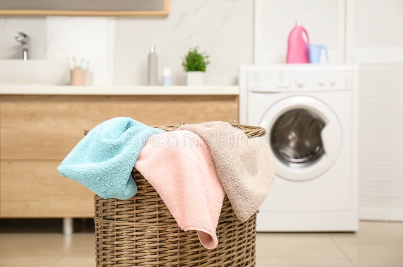 Wicker Basket with Laundry and Washing Machine Stock Image Image of