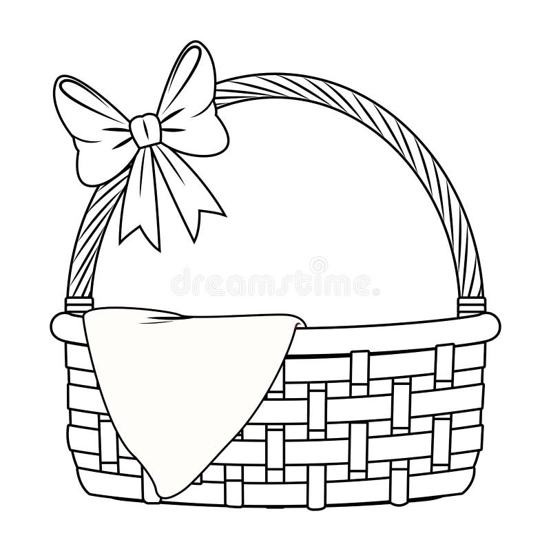 Wicker Basket with Ribbon and Cloth Isolated Black and White Stock ...