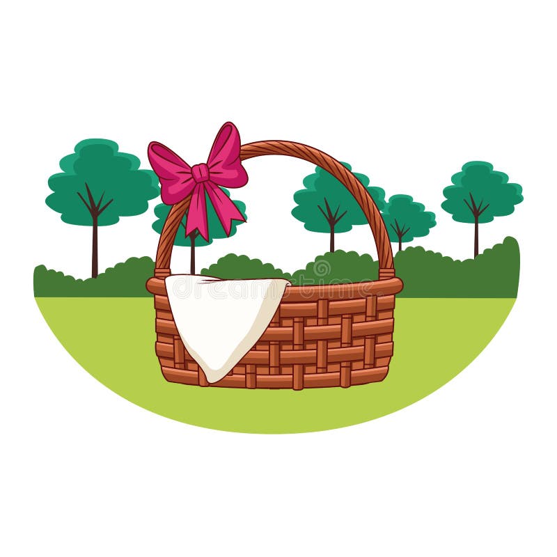 Wicker basket with ribbon and cloth nature trees background round frame stock illustration Wicker basket with ribbon and cloth nature trees background round frame stock illustration