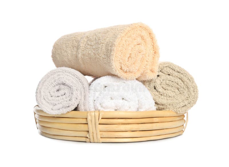 Wicker Basket with Rolled Bath Towels Isolated on White Stock Photo Image of beautiful
