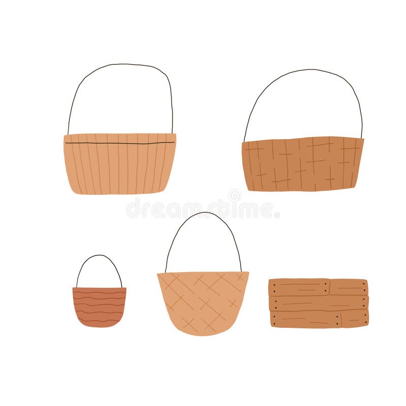 Wicker Basket Set. Empty Handmade Basket for Picnic. Cartoon Flat