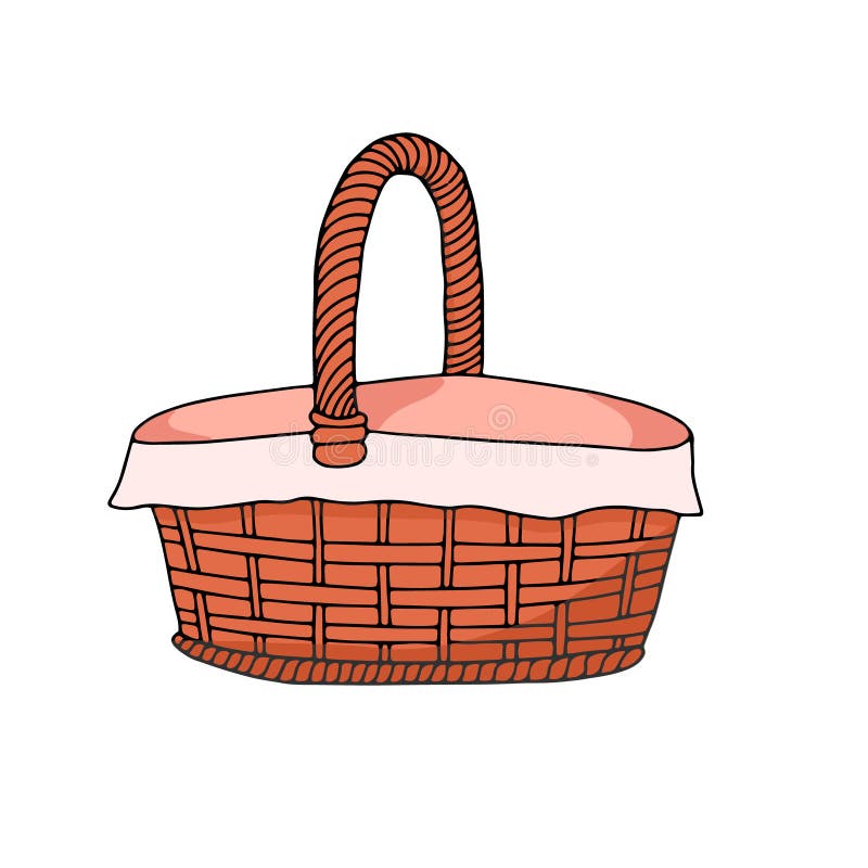 Wicker basket with a textile napkin inside. Hand-drawn drawing. Doodles. An item for a holiday, Easter. Vector stock illustration