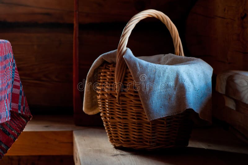 Wicker basket with a towel