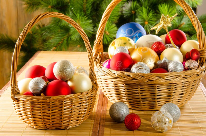Wicker baskets with Christmas glassballs stock images Wicker baskets with Christmas glassballs stock images