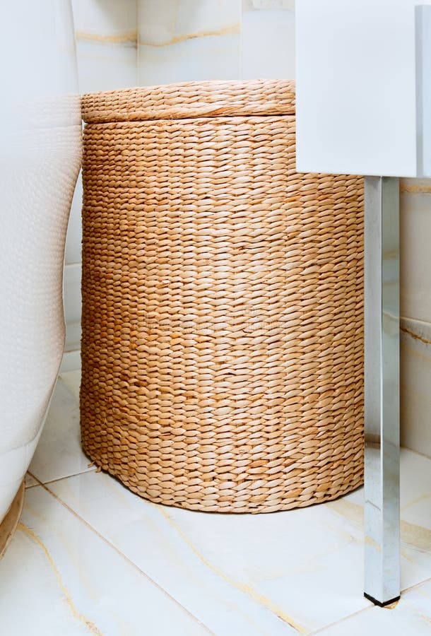 Wicker Clothes Basket in the Bathroom Stock Photo Image of basket