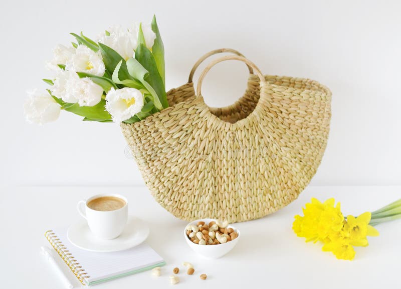 Wicker Handbag with Flowers Tulips, Spring Time, Summer Concept