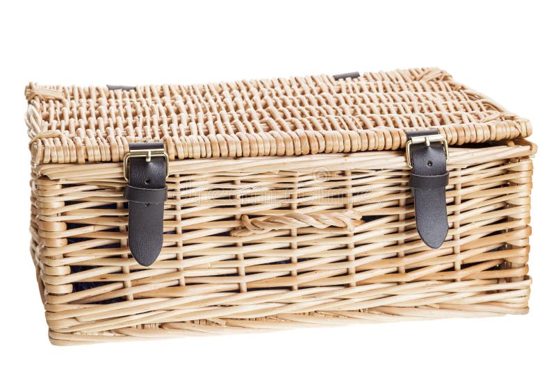 Wicker Picnic Basket with Leather Brass Buckled Straps. Stock Photo