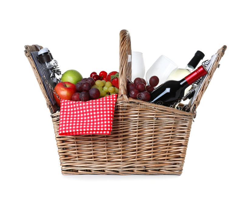 Wicker Picnic Basket with Wine and Different Products Stock Image