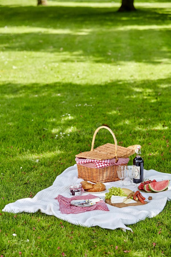 Wicker picnic hamper outdoors in a spring park