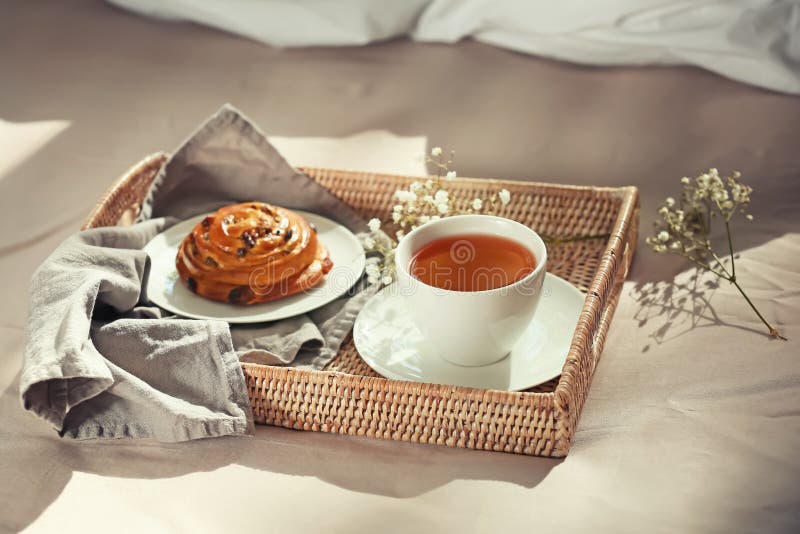 Wicker Tray with Delicious Breakfast on Bed Stock Image Image of